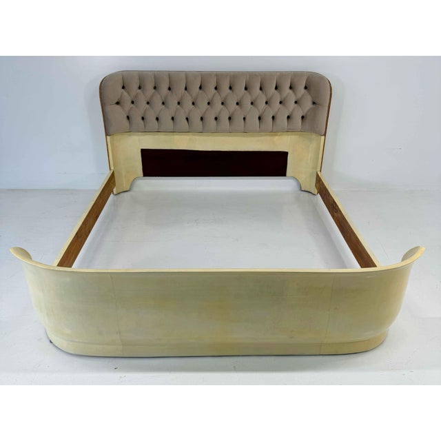 Important and exceptionally rare Italian Art Deco bed from the 1940s, entirely upholstered in parchment leather, a...
