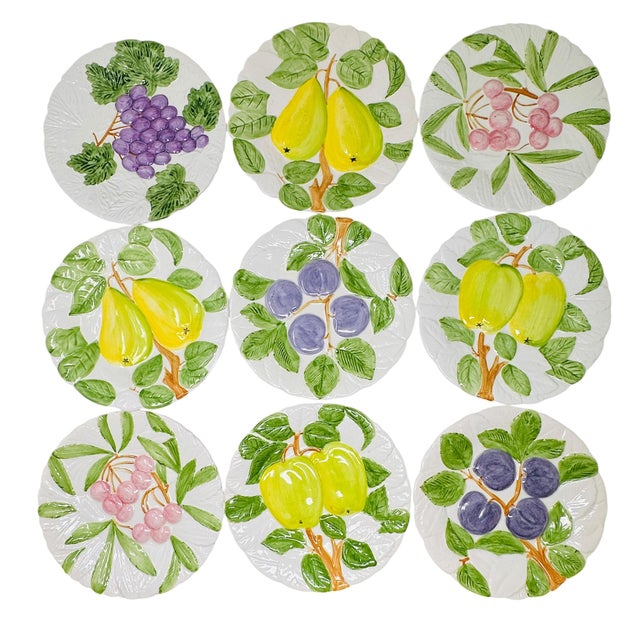 1980s Rare Shafford "Fruit Du Jour" Majolica-Style Hand-Painted Ceramic Plates - Set of 9 For Sale - Image 18 of 18