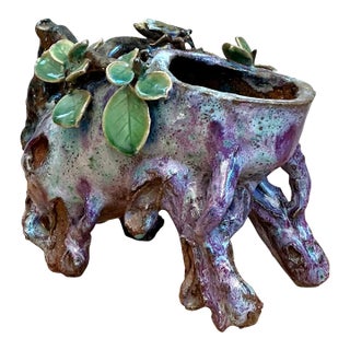 Vintage Sinwah Pottery Faux Bois Cache Pot For Sale