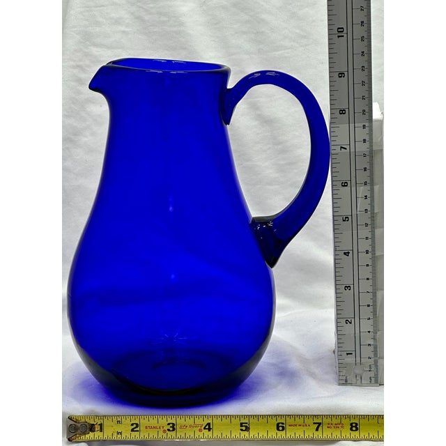 Stunning Vintage Retro Art Deco Deep Cobalt Blue Hand Blown Art Glass Pitcher - Circa Mid 20th Century For Sale - Image 18 of 18