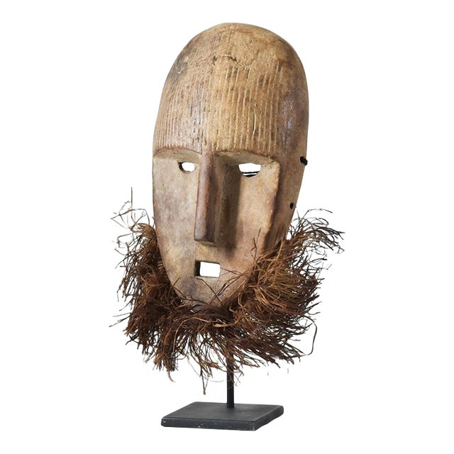 Early 20th Century Metoko Wood Carved Mask With Raffia Beard For Sale