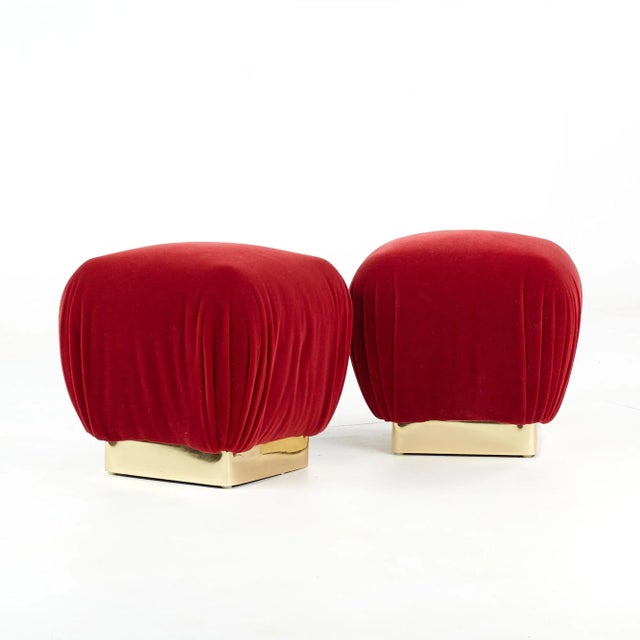 Marge Carson Mid Century Brass Souffle Poof Ottoman - Pair Each ottoman measures: 16 wide x 16 deep x 16 inches high When...
