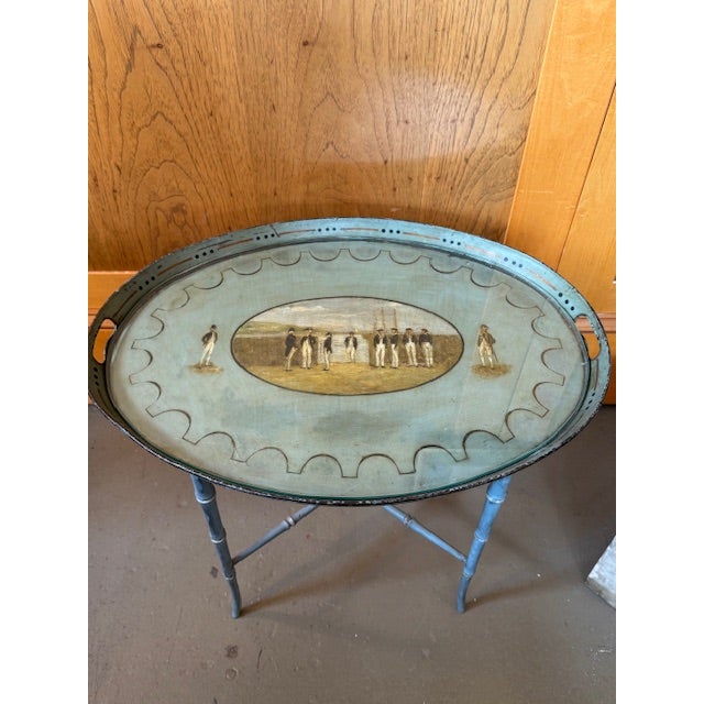 Oval Hand Painted Regency Era Tray on Custom Contemporary Stand and Glass Top Insert. The Regency Era tray's painted...