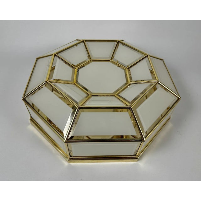 Octagonal white glass and gold metal flush mount ceiling or wall lamp. this lamp is probably from the 1960s/1970s. It is...