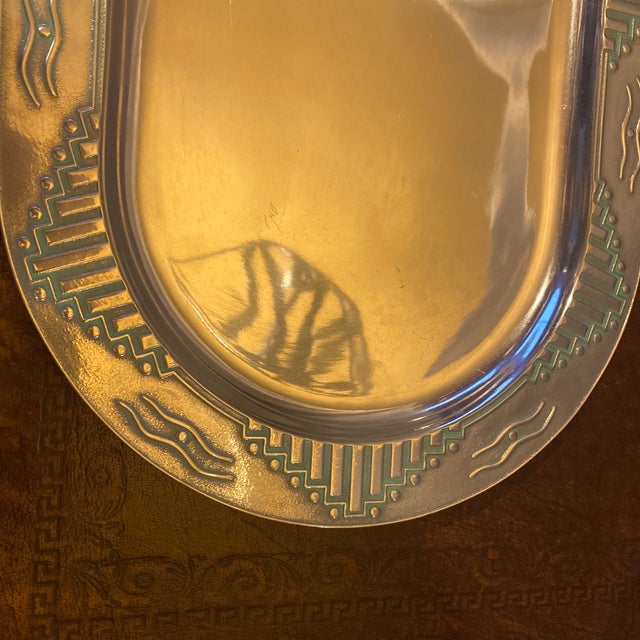 Native American Late 20th Century Wilton Company Pweter Armetale Metal Platter "Songs and Sonnetts" Native American Pattern With Turquoise Highlighting For Sale - Image 3 of 8