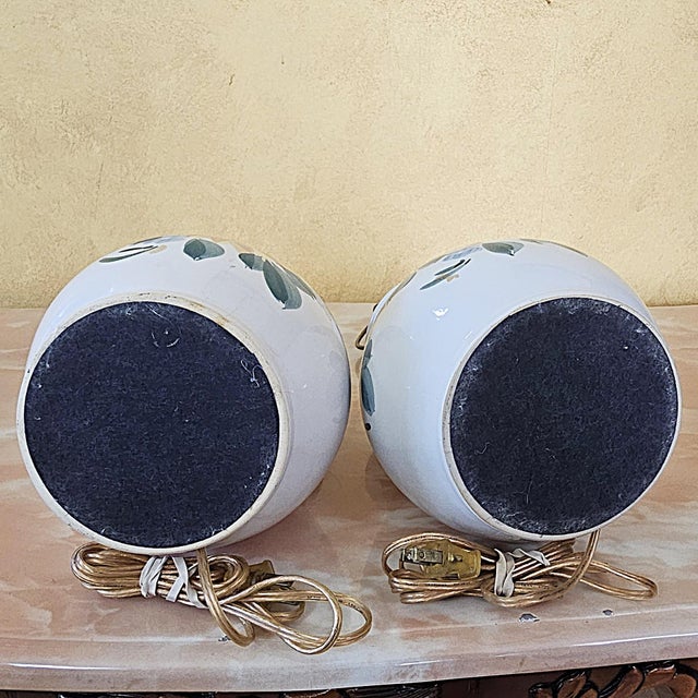 Contemporary Hand‑Painted Floral Ceramic Lamps W/ Faux Leather Shades – Pair For Sale - Image 9 of 18