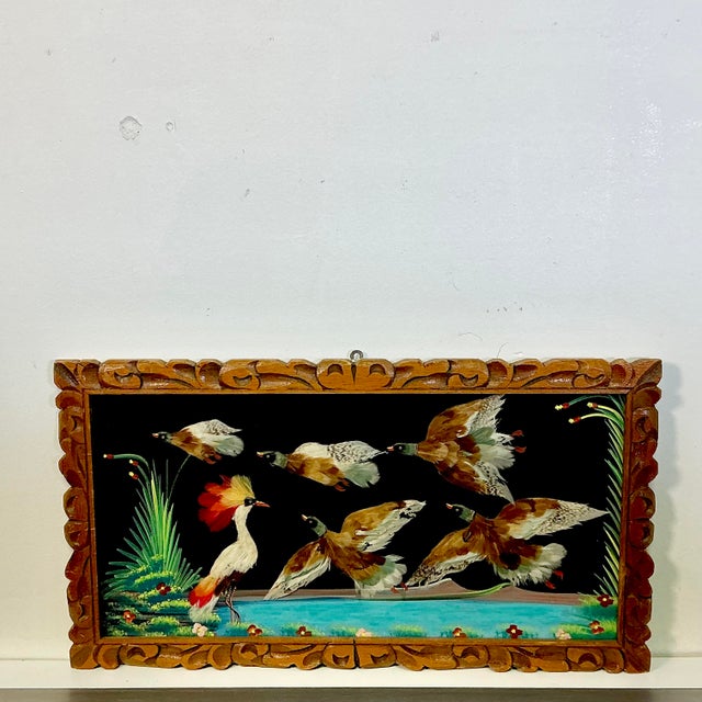 1950s Vintage Mexican Folk Art Original Feather Bird Mixed Media Acrylic Painting. For Sale - Image 9 of 10