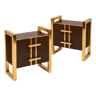 Chocolate Brown Glass Bedside Cabinets with Brass Frames from Justfurnituress SRL, Set of 2 For Sale