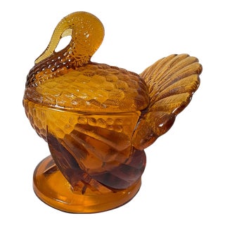 Vintage Le Smith Amber Glass Turkey Candy Dish With Lid. Signed For Sale