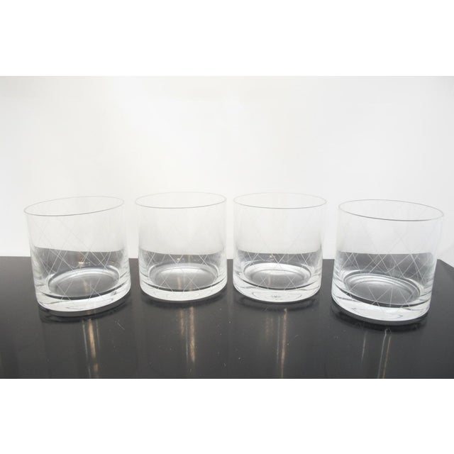 Tiffany & Co. set of 4 crystal old fashioned, low ball double shot glasses with a mid-century modern style acid-etched...