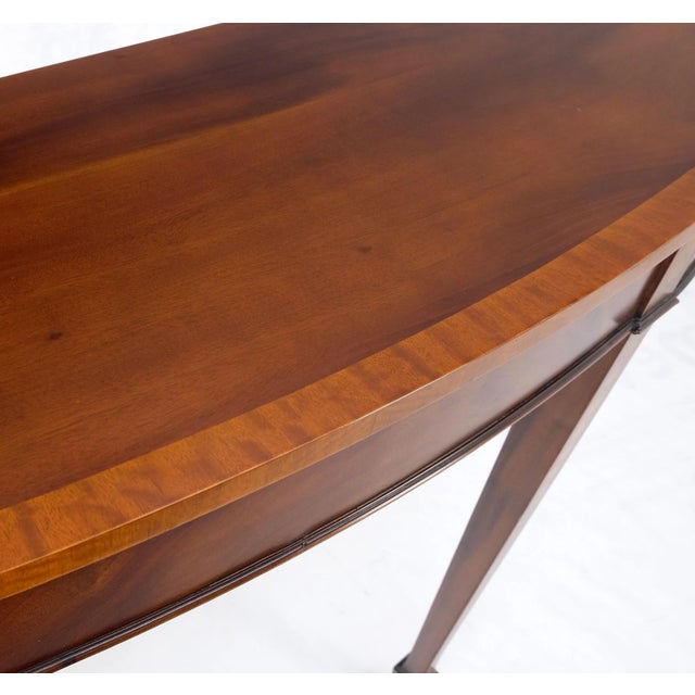 Mahogany Demi Lune Banded Inlayed Glass Tops Console Sofa Tables - A Pair For Sale - Image 10 of 12