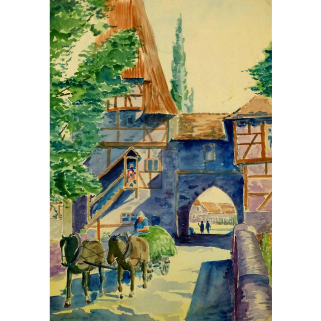 Laurent, Vintage Watercolor Landscape - the Village Gate Entrance For Sale