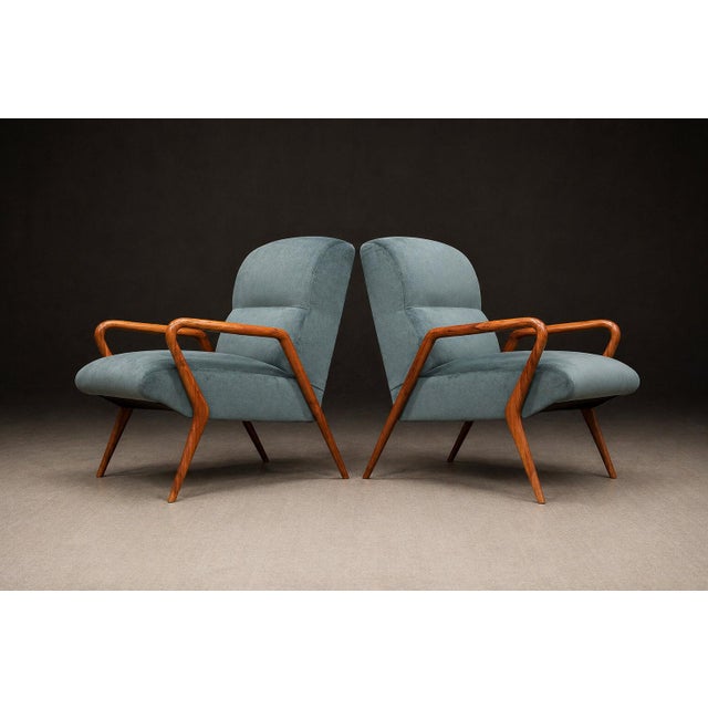 Giuseppe Scapinelli Armchairs, Brazil, 1950s — Sculpted Caviúna Frames in Dusty Teal Velvet Upholstery For Sale - Image 16 of 18