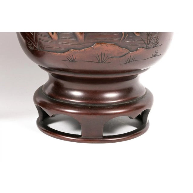 Pair Meiji Japanese Bronze Vases With Bird & Pond Relief For Sale - Image 4 of 11