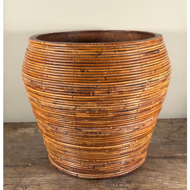 Wood Large Vintage Pencil Reed Floor Planter Cache Pot For Sale - Image 7 of 9