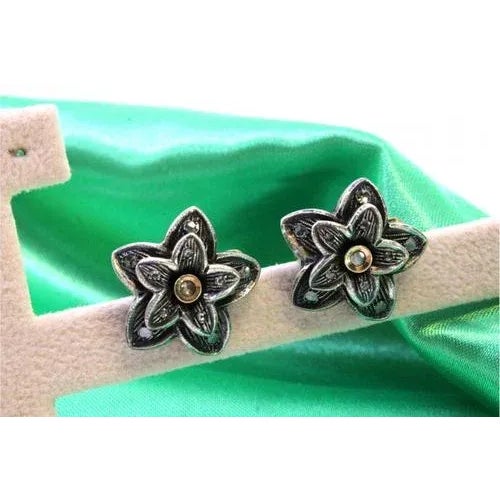 Gold and Silver Flower-Shaped Earrings with Zirconia and Diamond Chips, Set of 2 For Sale - Image 6 of 8