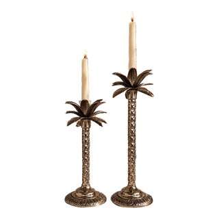 Andrea by Sadek Palm Tree Candlestick Holders, Brass-Tone Tropical Decor, Set of 2 For Sale