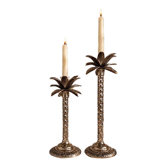 Andrea by Sadek Palm Tree Candlestick Holders, Brass-Tone Tropical Decor, Set of 2 For Sale