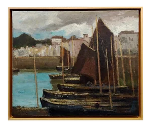 George Elmer Browne- Sail Boats at the Marina -Oil Painting
