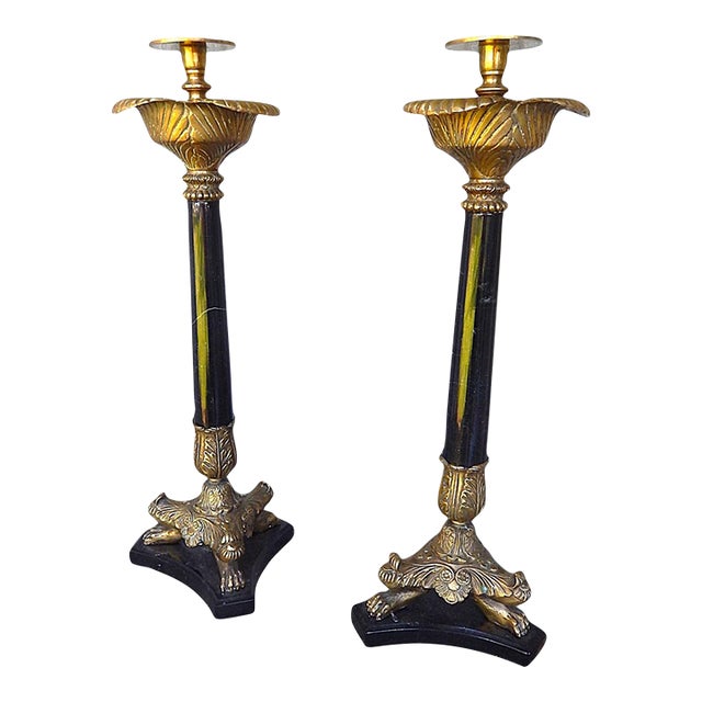 Large 19th C. French Marble and Brass Candlesticks - A Pair For Sale