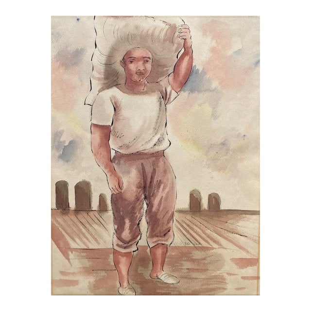 1930s Peter Verdi Dock Worker Watercolor For Sale