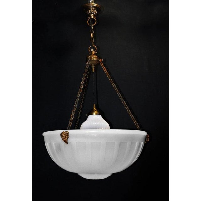 Vintage Art Deco Bronze and Moonstone Glass Rams Head Pendant Light, 1930s For Sale - Image 15 of 18