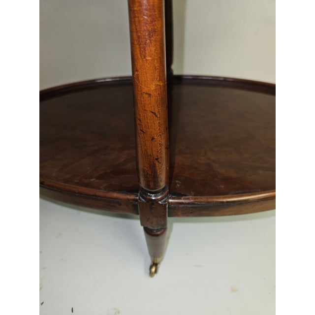 English Burl Walnut Three Tier Table by Henredon on Tiny Brass Castors For Sale - Image 3 of 5