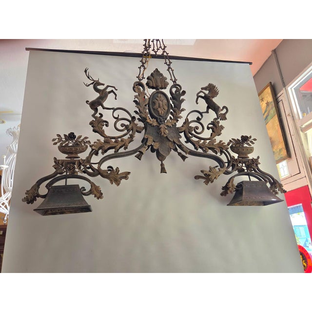 Coat of Arms Crest Wrought Iron Chandelier Light Fixture Hand Made Spanish Design Old World Castle For Sale - Image 13 of 14