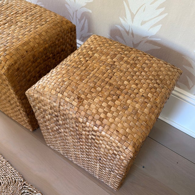 Pair of Vintage Woven Natural Fiber Cube Ottomans For Sale - Image 11 of 12