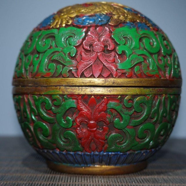 Red Vintage Tibetan Style Lacquerware Trinket Box With Dragon Motif & Gilt Accents For Sale - Image 8 of 9