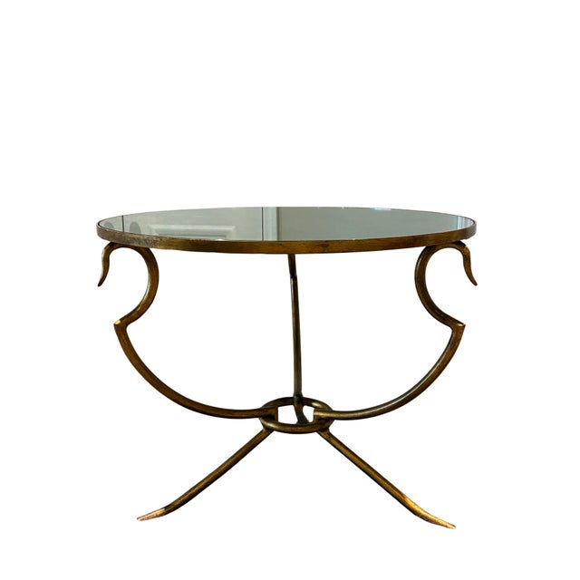Hollywood Regency Baker Furniture Sculptural Gilt Metal Round Antiqued Mirror Accent Table For Sale - Image 3 of 10