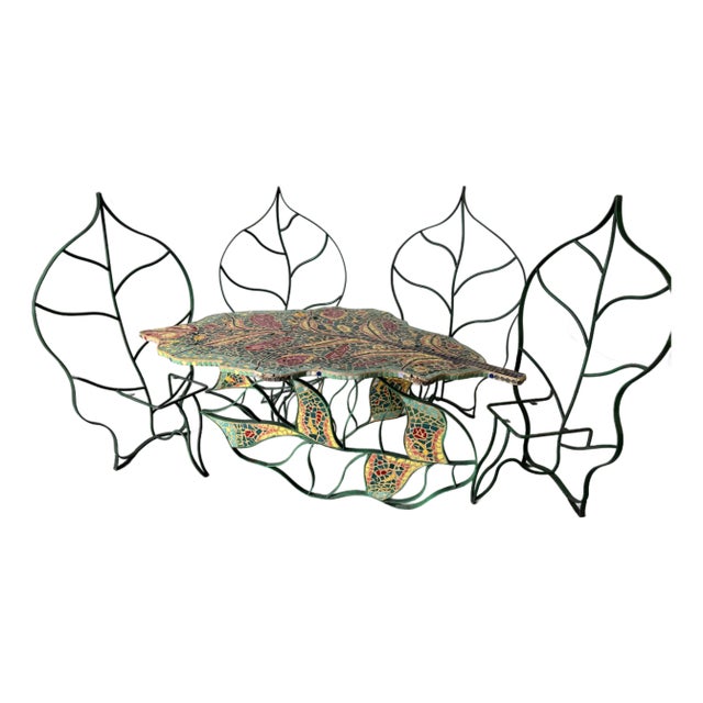 1991 Carlos Alves Sculptural Handmade Mosaic and Metal Leaf Motif Dining Set of 5 For Sale