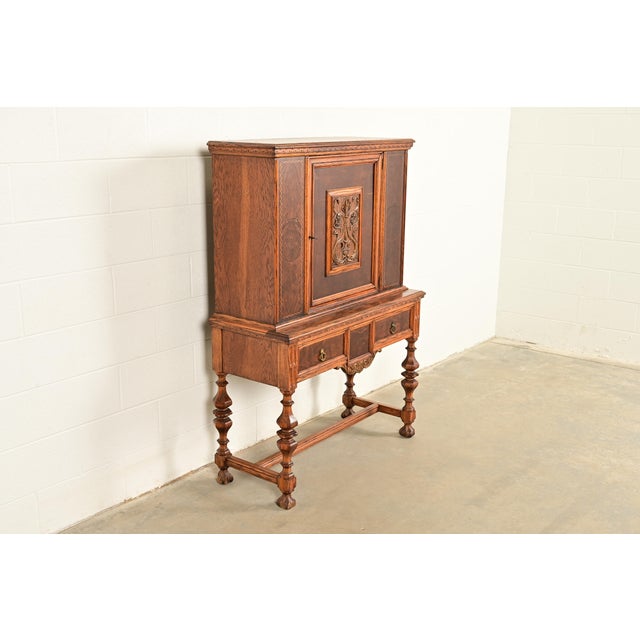 Romweber Early Romweber Antique English Jacobean Carved Oak and Burl Wood Bar Cabinet, Circa 1900 For Sale - Image 4 of 16