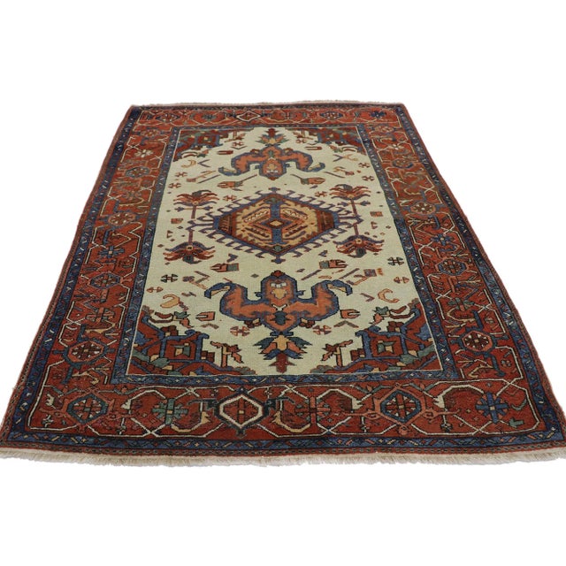 Mid-Century Modern Antique Persian Serapi Rug - 04'07 X 05'09 For Sale - Image 3 of 9