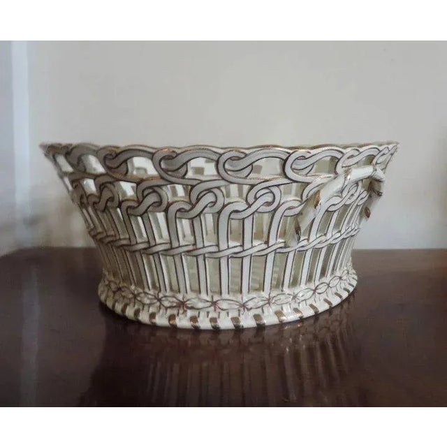 19th Century French Luneville Pottery Reticulated Centerpiece Basket Bowl in White & Gold For Sale - Image 4 of 11
