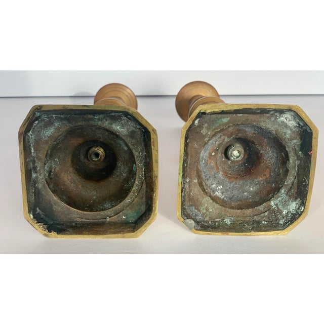 Metal Vintage Solid Brass Turned Candlesticks- a Pair For Sale - Image 7 of 12