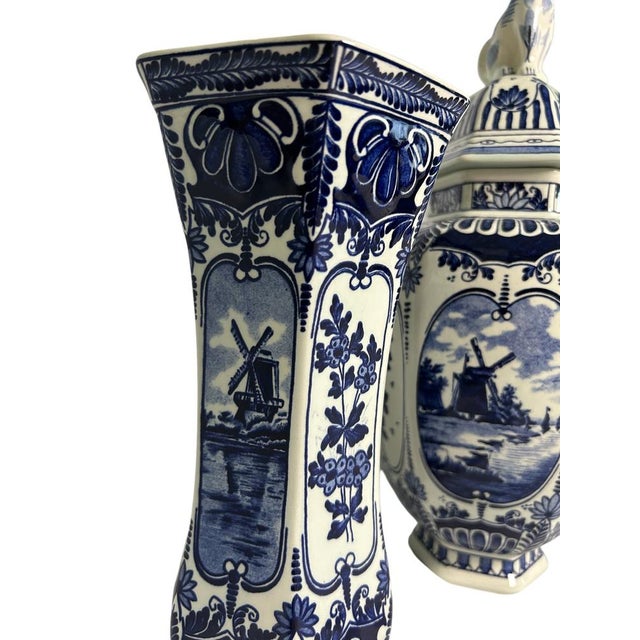 Vintage Three-Piece Windmill Garniture Set in the style of Boch Delft, 20th Century, 1950s, Set of 3 For Sale - Image 4 of 8