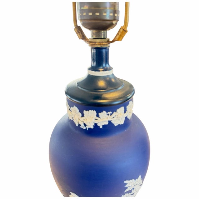 Ceramic 1950s Cobalt Blue Jasperware Table Lamps With Classical Relief – 22” Tall - a Pair For Sale - Image 7 of 10