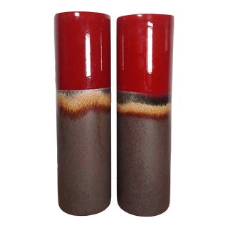 Crate & Barrel Pair of Tall Cylindrical Cranberry Reactive Glaze Vases For Sale