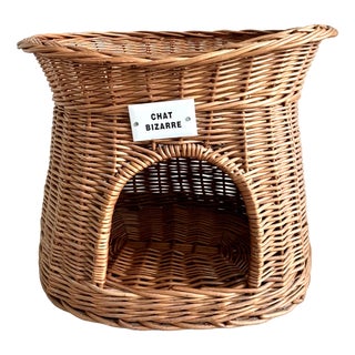 Wicker Cat Bed, Basket with Chat Bizarre Label, 1970s For Sale