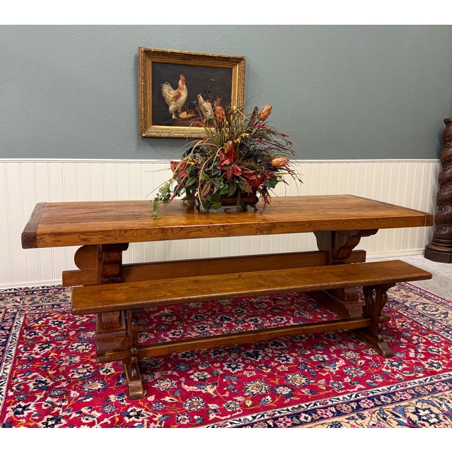 HANDSOME Antique French Country Honey Oak Farmhouse Monastery Dining Table with Trestle Base~~c. early 20th century This...