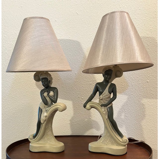 Vintage 1950s Continental Art Lamps With New Shades. 22" Tall. Male & Female Figures - a Pair For Sale - Image 9 of 12