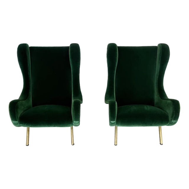 Marco Zanuso Green Velvet Mohair "Senior" Lounge Chairs - A Pair For Sale