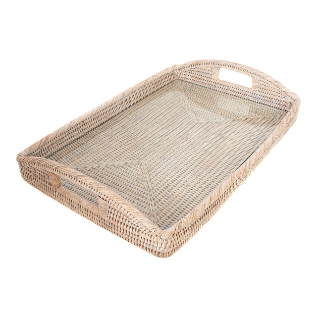 Artifacts Rattan Rectangular Tray with Glass Insert in White Wash - 21" For Sale