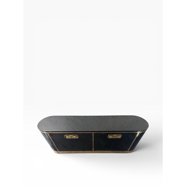 Mastercraft 1970s Rare Mastercraft Brass Shield Pull Credenza — Racetrack Form For Sale - Image 4 of 18