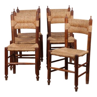 French Straw-Seated Chairs, 1940s, Set of 6 For Sale