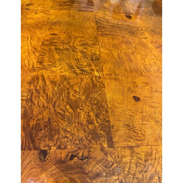 Brown Milo Baughman Olive Burl Extension Dining Table on Chrome Plinth Base, 2 Leaves, 1976 For Sale - Image 8 of 11
