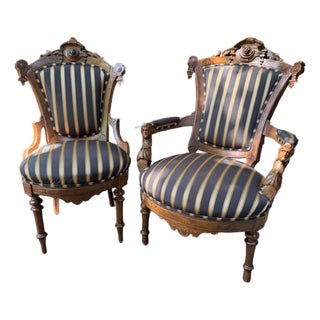 Matched Pair of Late 19th Century American Renaissance Revival “His and Hers” Victorian Parlor Chairs – Custom Upholstered, Pristine Woodwork. For Sale