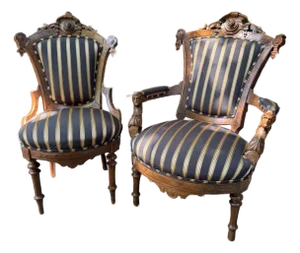 Matched Pair of Late 19th Century American Renaissance Revival “His and Hers” Victorian Parlor Chairs – Custom Upholstered, Pristine Woodwork.