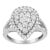 A bold silver and diamond cluster ring. This pear-shaped ring is made with 80 round-cut, natural diamonds in a prong...